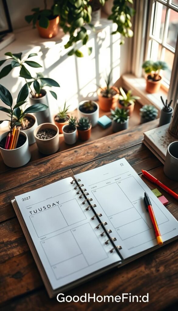A beautifully organized weekly tear-off planner lays open on a rustic wooden desk adorned with stationery essentials like colorful pens and sticky notes. The planner features elegantly designed pages divided into days of the week, inviting users to jot down tasks and appointments. In the background, a cozy home office filled with potted plants and warm afternoon light streaming through a nearby window enhances the inviting atmosphere. Capture the scene from a slightly overhead angle, highlighting the planner&rsquo;s neat layouts and personal touches. The entire composition exudes a sense of calm productivity and stylish organization, reflecting the aesthetic of GoodHomeFinds. Soft shadows and gentle contrasts create a warm, welcoming mood, perfect for illustrating effective home organization solutions.