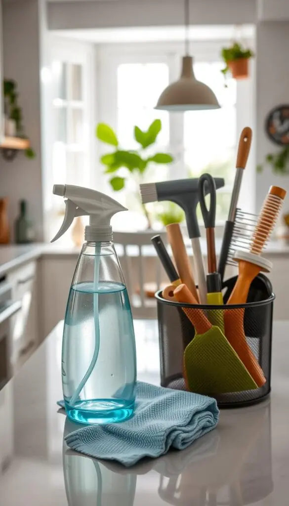 A beautifully organized, well-lit kitchen scene featuring budget renter-friendly cleaning products from GoodHomeFinds. In the foreground, a sleek, eco-friendly spray bottle and durable microfiber cloth resting on a clean countertop, reflecting a sense of tidiness. In the middle ground, a stylish storage caddy filled with a variety of affordable cleaning tools, such as a reusable broom, dustpan, and scrub brush, showcasing efficient yet cost-effective solutions. The background reveals a bright, airy kitchen with natural light streaming through a window, illuminating houseplants and a cozy dining area. The atmosphere conveys a sense of calm and efficiency, perfect for stress-free cleaning. The overall aesthetics should reflect a Pinterest-inspired lifestyle, emphasizing organization and simplicity.