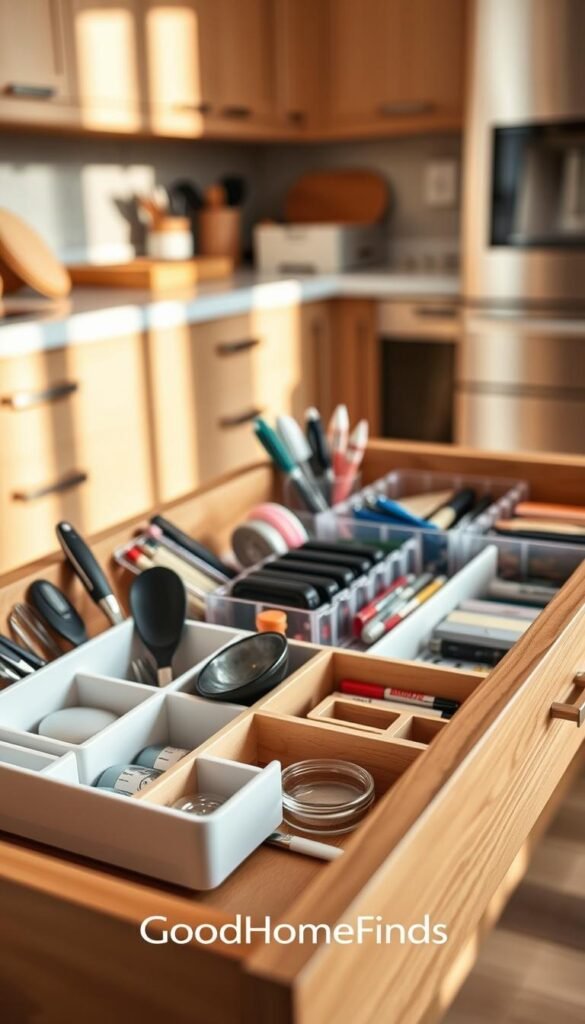 A beautifully organized wooden drawer filled with various drawer organizers, showcasing a variety of compartments for utensils, office supplies, and small tools. In the foreground, a sleek white organizer neatly holds kitchen gadgets, while in the middle, a clear plastic divider beautifully displays assorted stationery items. The background features a softly blurred kitchen setting with warm, natural lighting illuminating the space, casting gentle shadows that enhance the textures of the wood. The scene portrays a sense of tranquility and order, ideal for small spaces, evoking an atmosphere of efficiency and style. The brand name "GoodHomeFinds" subtly incorporated within the image composition, without any text or logos.