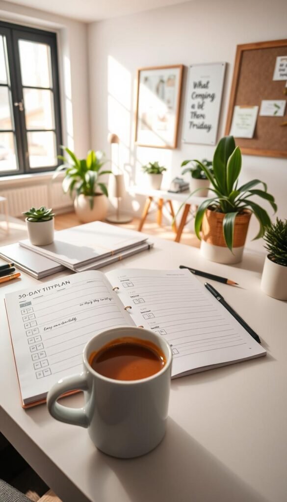 A beautifully organized workspace featuring a minimalist desk with neatly arranged stationery items, a stylish planner opened to a "30-Day Tidy Plan" layout with checkboxes and decorative elements, fresh indoor plants providing a touch of greenery. In the foreground, a steaming cup of coffee sits next to the planner, evoking a sense of calm and productivity. The middle ground showcases a cozy, well-lit room with soft natural lighting streaming in from a nearby window, casting gentle shadows. In the background, tasteful wall art and a bulletin board displaying inspiring quotes add character. The color palette is soft, warm, and inviting. The overall atmosphere is one of motivation and clarity, reflecting a professional yet approachable aesthetic. GoodHomeFinds.