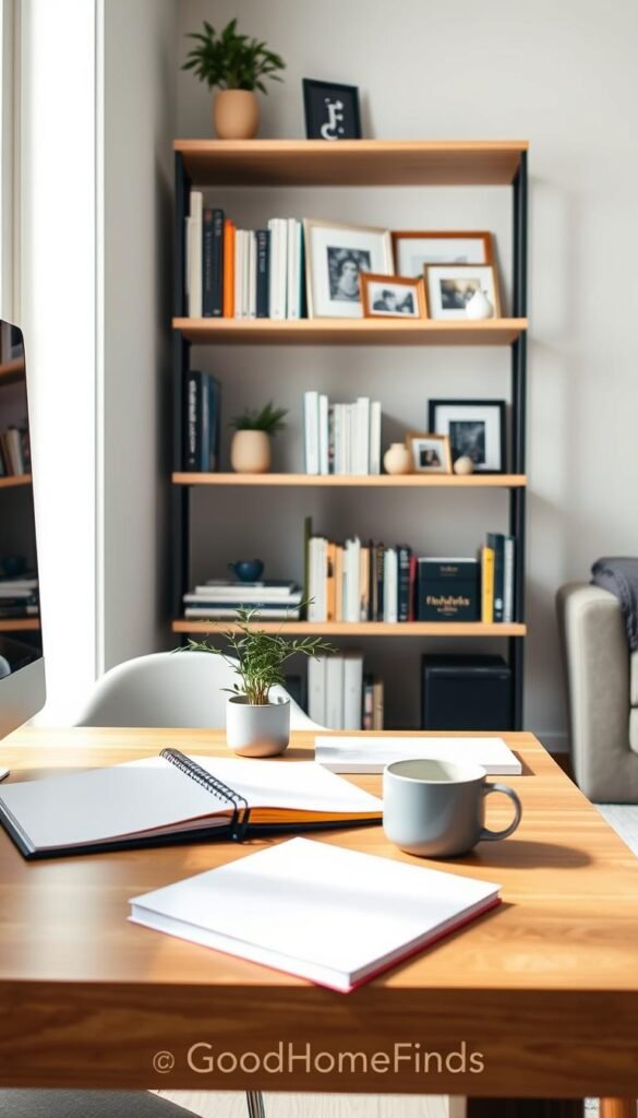 A beautifully organized workspace featuring a modern bookshelf styled as "daily bookends". In the foreground, a sleek wooden desk holds a minimalist planner, a small potted plant, and an elegant coffee mug, all softly lit by natural light streaming in from a nearby window. The middle ground showcases a contemporary bookshelf filled with neatly arranged books, some vertical and others stacked horizontally, interspersed with decorative objects like framed photos and ceramic vases. The background reveals a calming, light-filled room with soft pastel colors, emphasizing a clutter-free environment. Capture the essence of simplicity and efficient organization, reflecting a zen-like atmosphere conducive to productive habits. Lens: 50mm, angle focused on the desk with a slight depth of field. Brand: GoodHomeFinds. A beautifully organized workspace featuring a modern bookshelf styled as "daily bookends". In the foreground, a sleek wooden desk holds a minimalist planner, a small potted plant, and an elegant coffee mug, all softly lit by natural light streaming in from a nearby window. The middle ground showcases a contemporary bookshelf filled with neatly arranged books, some vertical and others stacked horizontally, interspersed with decorative objects like framed photos and ceramic vases. The background reveals a calming, light-filled room with soft pastel colors, emphasizing a clutter-free environment. Capture the essence of simplicity and efficient organization, reflecting a zen-like atmosphere conducive to productive habits. Lens: 50mm, angle focused on the desk with a slight depth of field. Brand: GoodHomeFinds.