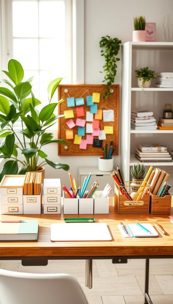 A beautifully organized workspace featuring a variety of essential items from the "GoodHomeFinds" organization starter kit. In the foreground, a sleek wooden desk displays labeled storage bins, colorful file organizers, and stylish stationery neatly arranged. In the middle, a vibrant corkboard adorned with color-coded notes and reminders adds a dash of creativity. In the background, soft natural light streams through a window, illuminating indoor plants that enhance the inviting atmosphere. A minimalist bookshelf filled with neatly stacked books and decorative items completes the scene. The overall mood is inspiring and productive, encouraging a sense of order and clarity in personal organization. Capture it from a slightly elevated angle to showcase the workspace's elements harmoniously.