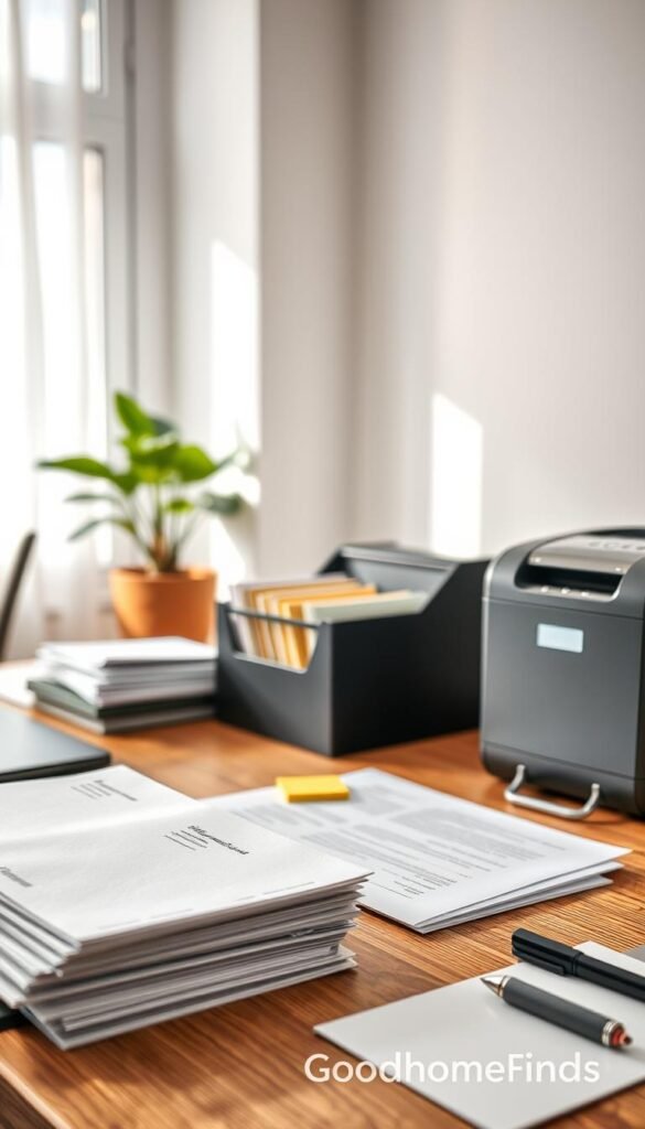 A beautifully organized workspace featuring a variety of paperwork and mail neatly arranged. In the foreground, a stylish wooden desk holds a stack of opened letters and documents, alongside a sleek file organizer filled with labeled folders. A modern shredder sits nearby, ready for use. In the middle, a soft-focus view of colorful sticky notes and a minimalist pen completes the scene. The background showcases a softly lit room with light streaming through a large window, casting gentle shadows. A potted plant adds a touch of greenery, enhancing the inviting atmosphere. The overall mood is calm and productive, capturing a professional environment where paperwork is easily managed. This image reflects the essence of good organization with a touch of warmth, promoting efficiency in daily tasks. Designed for a Pinterest-style lifestyle photo for the brand GoodHomeFinds.