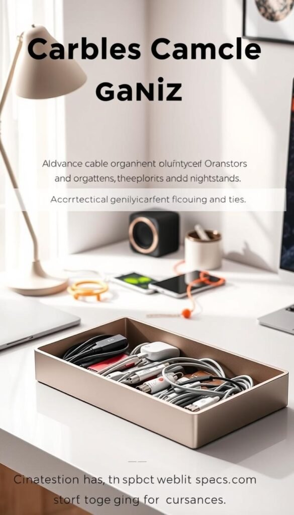 A beautifully organized workspace featuring advanced cable organizer solutions that keep floors and nightstands tidy. In the foreground, show a stylish cable management box with neatly arranged charging cables and plugs, set atop a sleek desk. In the middle, include decorative cable clips and ties that add functional elegance, with a few colorful tech gadgets resting nearby. In the background, soft natural light filters through a window, casting a warm glow across the scene and highlighting a modern aesthetic. The angle should be a slightly elevated view, capturing the entire setup while maintaining a Pinterest-worthy lifestyle look. The overall mood is clean, organized, and inspiring, showcasing how GoodHomeFinds can transform small spaces.