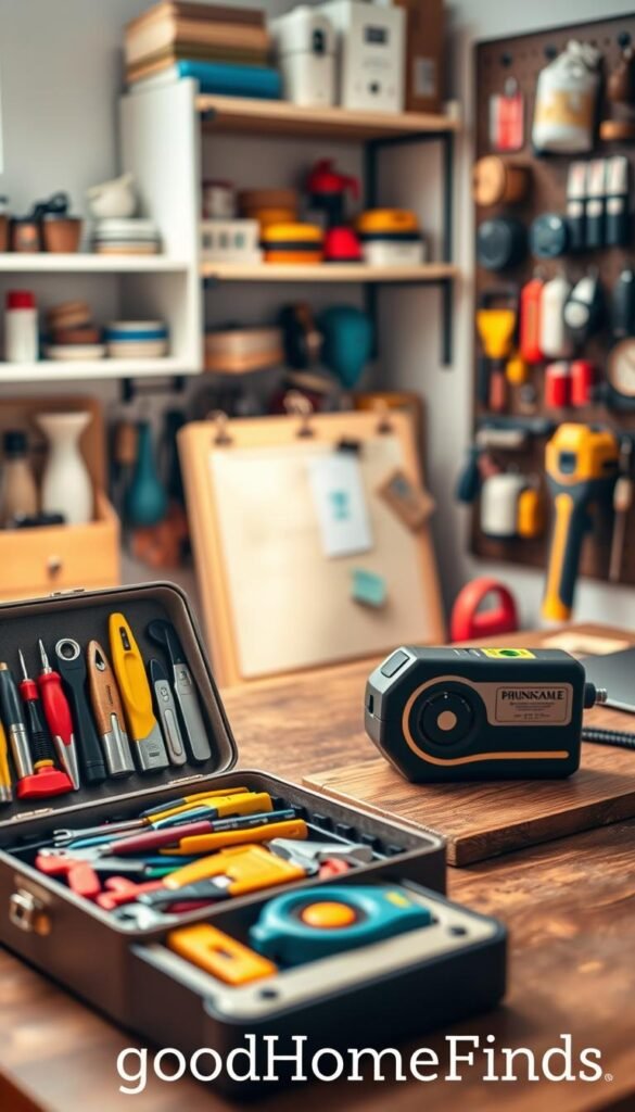 A beautifully organized workspace filled with affordable "fix-it" gadgets for quick home repairs, focusing on a compact, stylish toolbox open in the foreground with a variety of colorful tools like pliers, screwdrivers, and tape measures. In the middle ground, a durable adhesive tape dispenser and a vintage-style level tool sit elegantly on a wooden workbench. The background features softly blurred shelves lined with small gadgets like a mini electric screwdriver and a wall-mounted pegboard displaying various fix-it essentials. Warm, natural lighting illuminates the scene, enhancing a homey yet professional atmosphere, evoking a sense of productivity and creativity. The image should reflect a Pinterest-style aesthetic, branded subtly with "GoodHomeFinds" integrated into the workspace setting.