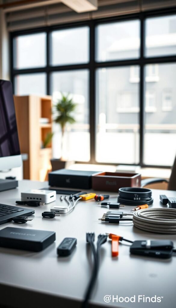 A beautifully organized workspace focused on cable management solutions, emphasizing both budget-friendly and premium options. In the foreground, a sleek desk featuring an array of cable management tools and accessories, such as cable clips, a cable box, and color-coded sleeves. The middle ground showcases a comparison between neatly arranged budget items on one side and high-end, stylish products on the other, all set against a backdrop of a modern office environment. Soft, natural lighting streaming in from a large window creates a warm and inviting atmosphere, highlighting textures and materials. The scene is captured with a shallow depth of field for an intimate yet professional feel. This realistic lifestyle photo embodies the essence of GoodHomeFinds, encouraging viewers to explore innovative cable management solutions.
