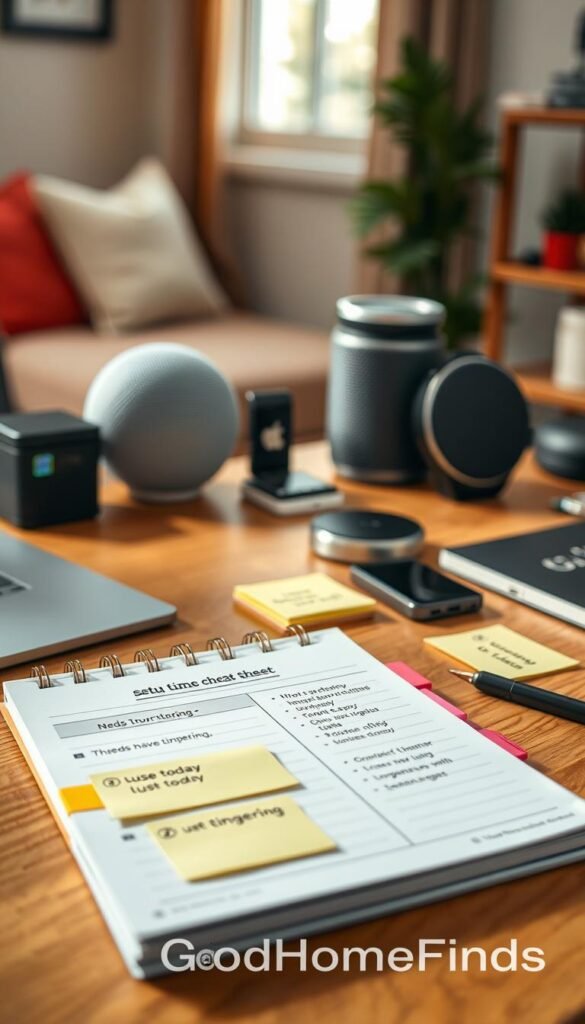 A beautifully organized workspace setup featuring a "setup time cheat sheet" on a sleek wooden desk. In the foreground, a spiral notebook with bullet points, colorful tabs, and sticky notes showcasing gadgets labeled “use today” versus “needs tinkering.” The middle ground reveals a variety of must-have gadgets, neatly arranged: a smart speaker, a wireless charger, and a compact toolkit. The background displays a cozy room with soft natural light coming through a window, enhancing the warm, inviting atmosphere. A subtle bokeh effect creates depth, highlighting the gadgets as focal points. Emphasize the Brand "GoodHomeFinds" prominently within the project context without text overlays, capturing a lifestyle essence that resonates with tech enthusiasts. A beautifully organized workspace setup featuring a "setup time cheat sheet" on a sleek wooden desk. In the foreground, a spiral notebook with bullet points, colorful tabs, and sticky notes showcasing gadgets labeled “use today” versus “needs tinkering.” The middle ground reveals a variety of must-have gadgets, neatly arranged: a smart speaker, a wireless charger, and a compact toolkit. The background displays a cozy room with soft natural light coming through a window, enhancing the warm, inviting atmosphere. A subtle bokeh effect creates depth, highlighting the gadgets as focal points. Emphasize the Brand "GoodHomeFinds" prominently within the project context without text overlays, capturing a lifestyle essence that resonates with tech enthusiasts.