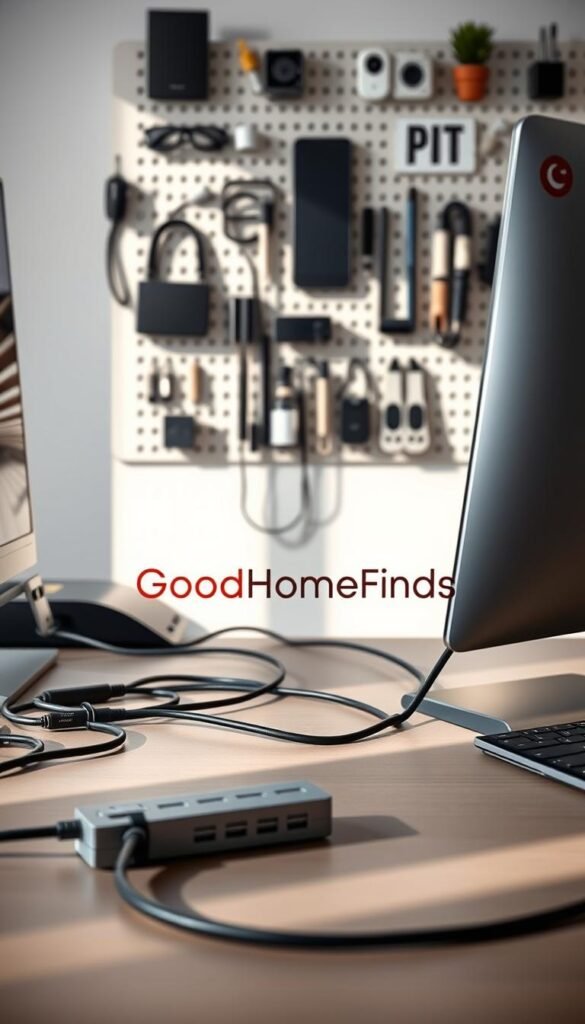 A beautifully organized workspace showcasing effective cable management techniques. In the foreground, a sleek desk with neatly coiled cables connected to a modern computer setup, utilizing cable clips and channels for a tidy appearance. The middle layer features a stylish power strip with USB ports, elegantly integrated into the desk design. In the background, a softly blurred wall-mounted pegboard adorned with essential tech accessories and decorative items, creating an inspirational atmosphere. Soft, natural light illuminates the scene, casting gentle shadows for depth. The overall mood is one of professionalism and clarity, perfect for enhancing productivity. Include the brand name "GoodHomeFinds" subtly within the setup, emphasizing quality and organization.