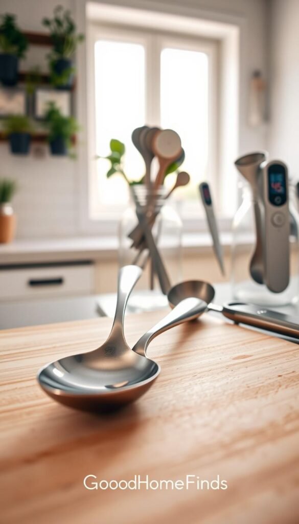 A beautifully polished stainless steel spoon is elegantly positioned in the foreground, reflecting soft kitchen lighting that highlights its sleek curves. The spoon is resting on a light wooden cutting board adorned with subtle grain textures, creating a warm and inviting atmosphere. In the middle ground, a bright, airy kitchen setting is visible, featuring a wall of herb pots and a stylish jar filled with measuring spoons, contributing to the overall theme of culinary precision. The background showcases a hint of contemporary kitchen appliances, such as a sleek digital thermometer and measuring cups, softly blurred to maintain focus on the spoon. The mood is warm and homey, evoking a sense of reliability and function. The image embodies an inspirational, Pinterest-style lifestyle photo aesthetic, branded with &ldquo;GoodHomeFinds&rdquo; subtly integrated into the scene.