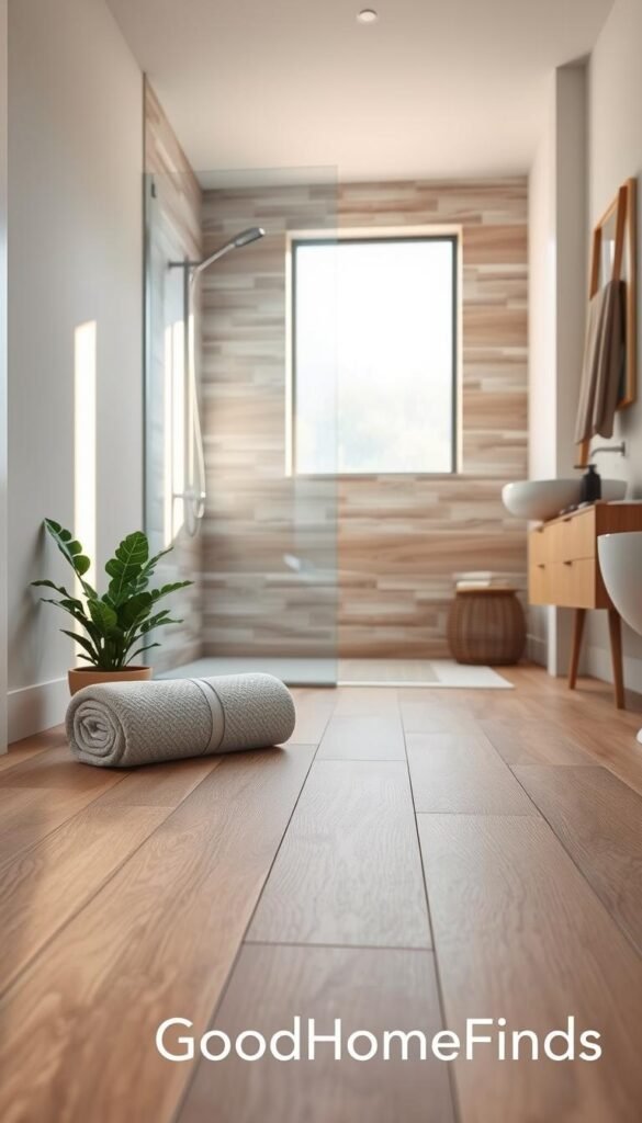 A beautifully staged bathroom showcasing modern peel-and-stick flooring, designed to resemble wood planks with a warm oak finish. In the foreground, a neatly rolled-up towel sits beside a small potted plant, creating an inviting atmosphere. The middle ground features a shower area with elegant tile stickers applied to the wall, complementing the flooring. Soft, natural lighting filters through a frosted window, casting gentle shadows and giving the space a cozy feel. The background reveals minimalistic bathroom fixtures and accessories in muted tones, enhancing the serene vibe. The image should evoke a Pinterest-style aesthetic, ideal for home improvement inspiration, with the brand name "GoodHomeFinds" subtly integrated into the scene.