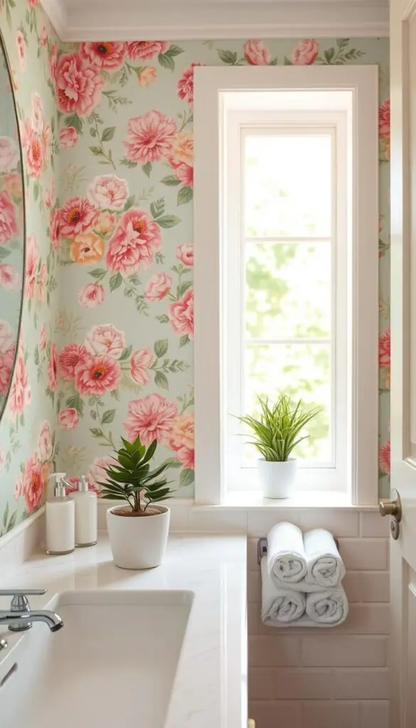 A beautifully styled bathroom corner featuring a vibrant peel-and-stick wallpaper with floral patterns in soft pastels, creating a fresh and inviting atmosphere. In the foreground, a small potted plant sits atop a white marble countertop, complemented by stylish bathroom accessories like a soap dispenser and neatly rolled towels. The middle ground showcases the beautifully adorned wall, highlighting the wallpaper's intricate details and texture. In the background, soft natural light filters through a window, creating a warm and airy ambiance. The scene is captured from a slight angle to emphasize the layering of the wallpaper, plants, and decor elements. This Pinterest-style lifestyle photo is tailored for GoodHomeFinds, embodying modern, budget-friendly wall upgrades for renters.