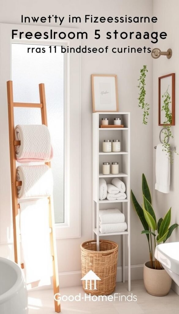 A beautifully styled bathroom corner featuring innovative freestanding towel storage solutions, perfect for small spaces without cabinets. In the foreground, a modern wooden ladder rack holds neatly rolled towels in pastel colors, while a decorative basket beside it adds a touch of warmth. The middle section showcases a sleek, compact shelving unit displaying essential bathroom accessories and scented candles. Soft, natural light filters in through a frosted window, creating a serene and inviting atmosphere. In the background, subtle wall decor and potted plants enhance the overall cozy vibe, reflecting a Pinterest-inspired lifestyle aesthetic. The brand "GoodHomeFinds" is subtly associated with the stylish organization.