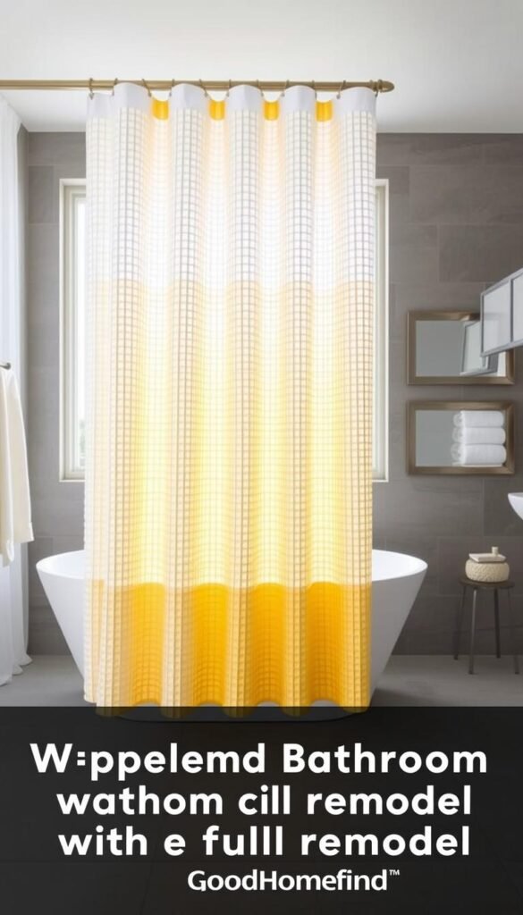 A beautifully styled bathroom featuring a waffle-patterned shower curtain from GoodHomeFinds. In the foreground, the vibrant white and golden-yellow waffle details of the curtain cascade gracefully around a modern tub. The middle ground showcases sleek, gray tiles and minimalistic bathroom accessories, creating a serene atmosphere. In the background, a large window allows soft, natural light to fill the space, highlighting the texture of the curtain and casting gentle shadows. The mood is fresh and inviting, enhancing the idea of an upgraded bathroom without a full remodel. The image captures a Pinterest-worthy aesthetic, focusing on composition and detail without any text or distractions.