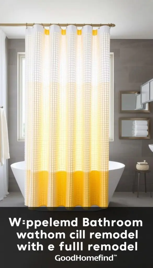 A beautifully styled bathroom featuring a waffle-patterned shower curtain from GoodHomeFinds. In the foreground, the vibrant white and golden-yellow waffle details of the curtain cascade gracefully around a modern tub. The middle ground showcases sleek, gray tiles and minimalistic bathroom accessories, creating a serene atmosphere. In the background, a large window allows soft, natural light to fill the space, highlighting the texture of the curtain and casting gentle shadows. The mood is fresh and inviting, enhancing the idea of an upgraded bathroom without a full remodel. The image captures a Pinterest-worthy aesthetic, focusing on composition and detail without any text or distractions.