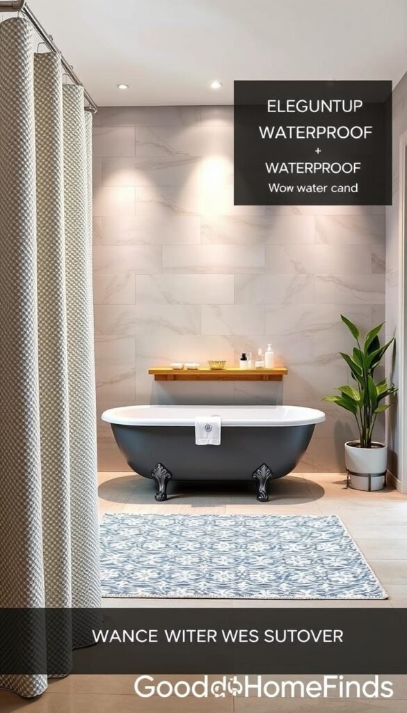 A beautifully styled bathroom featuring an elegant shower curtain designed to prevent water leaks. The foreground showcases a textured, waterproof shower curtain with a vibrant geometric pattern, hanging neatly from a polished chrome rod. In the middle, a freestanding bathtub sits on a chic, patterned rug, complemented by a natural wood shelf displaying bath essentials. The background includes soft, ambient lighting that illuminates subtle wall tiles, giving a spa-like atmosphere. A green potted plant adds a touch of freshness. The scene is captured with a wide-angle lens to create an inviting perspective, showcasing a tastefully decorated space that radiates tranquility. Brand name: GoodHomeFinds.