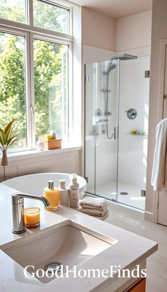 A beautifully styled bathroom scene in the morning light, showcasing a serene atmosphere. In the foreground, a sleek, modern sink with a marble countertop is adorned with neatly arranged toiletries, a scented candle, and a soft towel. The middle ground features a well-organized shower area with glass doors, showcasing innovative storage solutions and an elegant showerhead. In the background, large windows allow natural light to pour in, illuminating lush greenery from outside, creating a refreshing feel. Soft pastel colors dominate the decor, enhancing the calm vibe. The image is captured with a soft focus lens to enhance warmth, with clean lines and cozy textures, embodying a Pinterest-style aesthetic. Brand name "GoodHomeFinds" is subtly implied through the product arrangement.