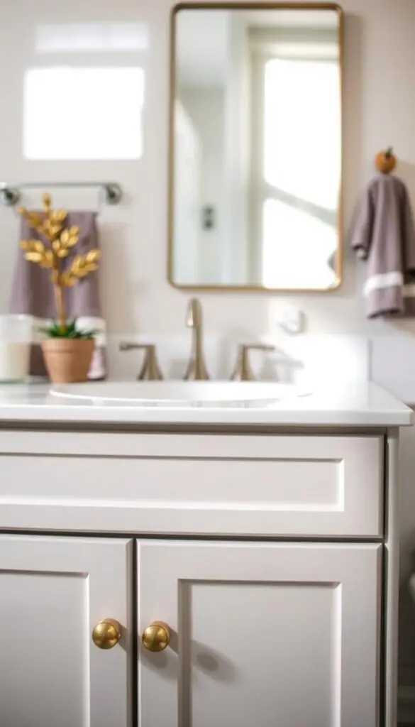 A beautifully styled bathroom vanity with a modern yet cozy aesthetic, featuring soft, natural lighting. In the foreground, showcase a freshly painted vanity in a calming pastel color, adorned with elegant new knobs that contrast in metallic gold. The vanity surface is topped with a simple, chic white countertop, with a small, tasteful decorative item, like a potted plant or a scented candle. The middle ground displays a mirror reflecting the soft light, enhancing the inviting atmosphere. In the background, blurred hints of neutral-toned walls and minimalistic decor elements, creating a serene ambiance. Capture this scene with a slightly elevated angle to emphasize the vanity's features. This realistic, Pinterest-style image should embody the essence of an approachable, stylish bathroom refresh. GoodHomeFinds brand aesthetic.