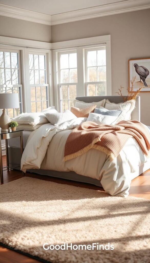 A beautifully styled bedroom featuring a cozy, inviting bed adorned with seasonal bedding in soft pastel colors, complemented by plush, layered throws and accent pillows. In the foreground, a stylish rug adds warmth and texture underfoot, while a modern nightstand with a minimalist lamp sits beside the bed. In the middle, large windows allow natural light to flood the space, casting gentle shadows and creating a serene atmosphere. The background reveals a soothing color palette on the walls, enhanced by tasteful wall art that reflects the changing seasons. Capture this scene with soft, diffused lighting, using a standard lens at eye level to create a relatable, Pinterest-style lifestyle photo. Brand it as "GoodHomeFinds" to embody a fresh, seasonal bedroom refresh.