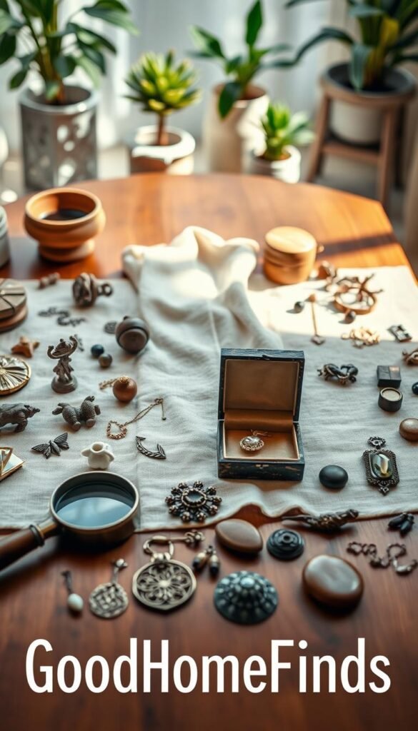 A beautifully styled flat lay displaying an array of unique hidden gems, showcasing various intriguing items like vintage trinkets, artisanal crafts, and rare collectibles. Foreground elements include a polished wooden table with delicate decorative items, an antique magnifying glass, and an open jewelry box revealing a sparkling piece. In the middle, an elegant linen cloth adds texture, surrounding the gems with a soft, inviting atmosphere. In the background, softly blurred potted plants and chic home décor enhance the cozy, curated vibe. The lighting is warm and natural, casting gentle shadows that create depth and interest. Shot from a slight overhead angle to capture the entire arrangement, the image embodies the treasure-hunting theme without any distractions, crafted for "GoodHomeFinds." A beautifully styled flat lay displaying an array of unique hidden gems, showcasing various intriguing items like vintage trinkets, artisanal crafts, and rare collectibles. Foreground elements include a polished wooden table with delicate decorative items, an antique magnifying glass, and an open jewelry box revealing a sparkling piece. In the middle, an elegant linen cloth adds texture, surrounding the gems with a soft, inviting atmosphere. In the background, softly blurred potted plants and chic home décor enhance the cozy, curated vibe. The lighting is warm and natural, casting gentle shadows that create depth and interest. Shot from a slight overhead angle to capture the entire arrangement, the image embodies the treasure-hunting theme without any distractions, crafted for "GoodHomeFinds."