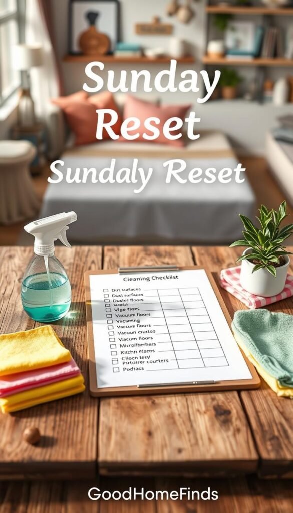 A beautifully styled flat lay of a cleaning checklist on a rustic wooden table. The checklist appears on a clipboard with a neat grid layout, featuring essential cleaning tasks like "Dust surfaces," "Vacuum floors," and "Wipe down kitchen counters." Surrounding the checklist are vibrant, aesthetically pleasing cleaning supplies in pastel colors, including a spray bottle, microfiber cloths, and a plant for a touch of greenery. Soft, natural lighting illuminates the scene, creating a warm and inviting atmosphere. In the background, a subtle hint of a cozy, organized living space is visible, signifying a clean environment. The overall mood is refreshing and motivating, perfect for the concept of a Sunday reset. Include the brand name "GoodHomeFinds" subtly in the scene, maintaining a Pinterest-style aesthetic.