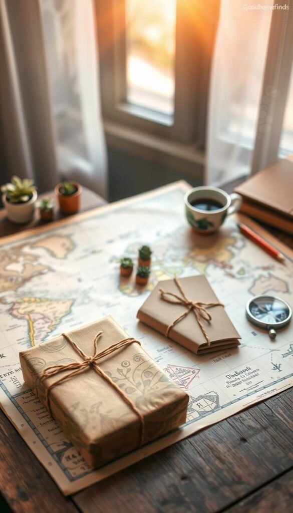 A beautifully styled flat lay of a unique map-themed gift ideal for travelers, showcasing an intricately designed vintage world map laid out on a rustic wooden surface. In the foreground, a neatly wrapped gift box in earthy tones, adorned with twine, sits beside a neatly folded travel journal and a compass, highlighting the travel gift theme. In the middle, subtle hints of natural elements, like small potted succulents and a steaming cup of coffee, create a warm, inviting atmosphere. The background features a blurred, sunlit window casting soft, golden rays, enhancing the cozy vibe. Overall, the image radiates a sense of adventure and inspiration, perfect for the brand GoodHomeFinds, while remaining clutter-free and elegant.
