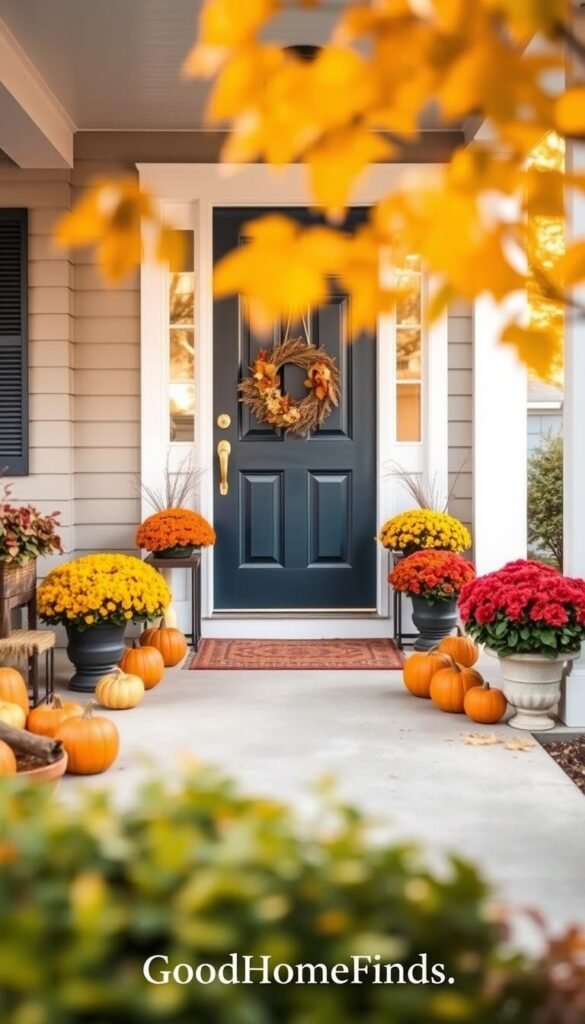 A beautifully styled front door in a charming suburban home, exuding warmth and approachability. The door is a rich navy blue with a polished brass handle, surrounded by vibrant seasonal decorations like pumpkins and autumn leaves, creating a cozy fall atmosphere. In the foreground, a well-maintained doormat welcomes visitors, while potted mums add a pop of color. The middle ground features the inviting door framed by white columns and a subtle wreath. In the background, soft-focus trees with warm golden hues reflect the changing season. The scene is bathed in soft, natural light, taken from a slightly elevated angle to give a welcoming perspective. This Pinterest-style lifestyle photo captures the essence of a perfect entryway transformation. GoodHomeFinds.