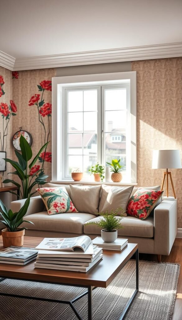 A beautifully styled interior featuring a chic, modern living room with stick wallpaper, emphasizing vibrant patterns like floral or geometric designs. In the foreground, a cozy couch adorned with colorful throw pillows invites relaxation. The middle ground showcases a coffee table with tasteful decor, including a stack of design magazines and a potted plant, all under soft, natural lighting streaming through a large window. In the background, the walls are alive with the eye-catching stick wallpaper in various textures, enhancing the space without the need for paint. The overall atmosphere is warm and inviting, perfect for renters seeking stylish upgrades. The setting reflects a Pinterest-worthy aesthetic, branded subtly with "GoodHomeFinds" elements integrated into the decor. Capture the mood in a realistic style reminiscent of a lifestyle photo.