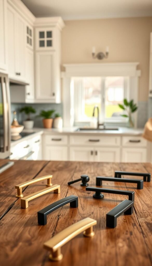 A beautifully styled interior shot featuring an elegant kitchen cabinet with sleek hardware upgrades that highlight modern functionality. In the foreground, an array of new cabinet handles and drawer pulls in brushed brass and matte black finishes are displayed elegantly on a rustic wooden surface, glimmering in soft, natural light. The middle ground shows a bright, airy kitchen space with the cabinets painted in a soft white color, adorned with the upgraded hardware. Subtle textures and finishes create a sophisticated yet inviting atmosphere. In the background, a hint of greenery from potted plants adds life to the scene. This image embodies the essence of quick, effective upgrades that significantly enhance the look of home cabinetry. Captured with a shallow depth of field and warm lighting, it offers a Pinterest-worthy lifestyle aesthetic. GoodHomeFinds.