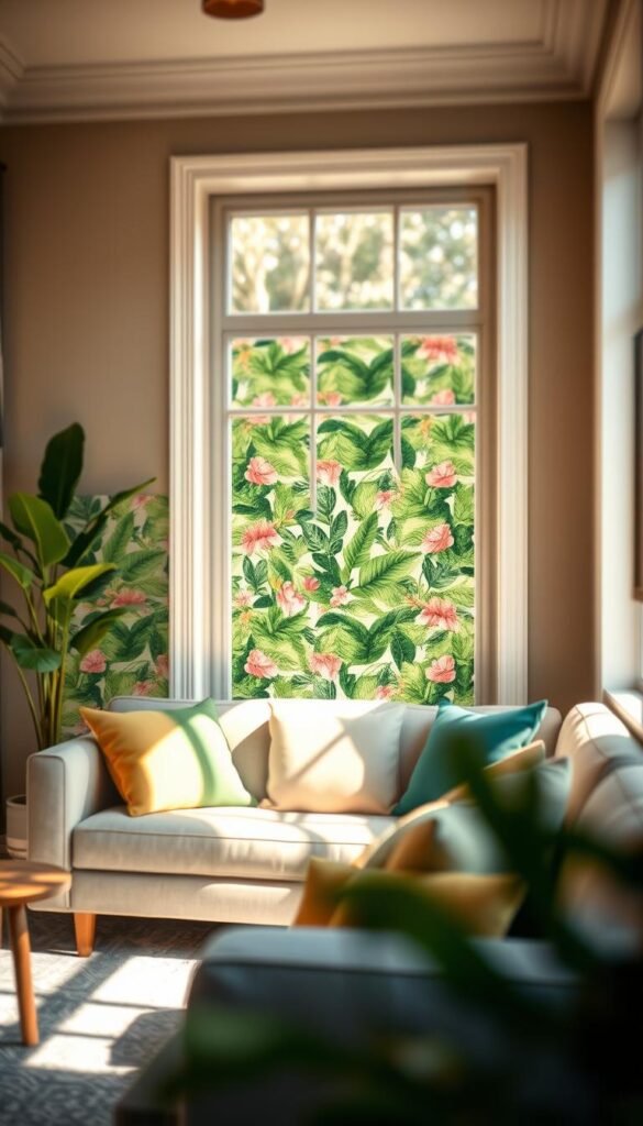 A beautifully styled interior space featuring vibrant peel-and-stick wallpaper from the brand GoodHomeFinds. In the foreground, a cozy living room corner showcases a stylish sofa adorned with colorful throw pillows, complemented by a small wooden coffee table. In the middle, the eye-catching wallpaper displays a lively botanical pattern with shades of green and floral accents, seamlessly applied to the wall behind the sofa. The background features a large window, allowing warm, natural light to flood the room, creating a bright and inviting atmosphere. The scene is captured with a shallow depth of field, focusing on the wallpaper's texture and design. Overall, the mood is fresh and modern, ideal for renters looking for flexible home decor solutions.