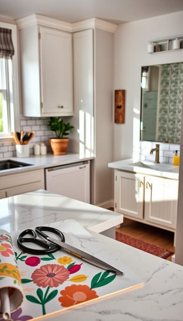 A beautifully styled kitchen and bathroom showcasing vibrant, peel-and-stick contact paper in modern designs. In the foreground, a roll of colorful contact paper lies next to a cutting mat, with scissors, showcasing a floral pattern and a marble texture. In the middle, a kitchen countertop adorned with a stylish contact paper upgrade featuring a cheerful graphic design, alongside utensils and a potted plant for added warmth. In the background, the bathroom features a chic transformation with elegant contact paper lining the vanity and mirror reflecting natural light. Soft, diffused lighting illuminates the scene, creating a welcoming ambiance. The overall mood is fresh and budget-friendly, perfect for renters looking to elevate their spaces. The brand "GoodHomeFinds" is subtly integrated into the design aesthetic.