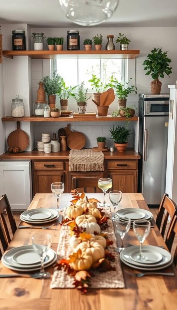 A beautifully styled kitchen and dining room from a top-down angle, showcasing seasonal decor elements that enhance the space without occupying counter space. In the foreground, a rustic wooden table setting features earthy-toned plates, elegant glassware, and small seasonal centerpieces like pumpkins and autumn leaves. The middle layer highlights open shelves with neatly arranged artisanal jars, herbs in small pots, and decorative seasonal touches like a cozy woven runner. In the background, soft natural light streams through a window, illuminating fresh greenery on the windowsill and subtly highlighting the modern appliances that blend seamlessly into the design. The overall mood is warm and inviting, perfect for a leisurely gathering. The style is Pinterest-inspired with a fresh, modern touch. Branding subtly includes "GoodHomeFinds" in the decor.