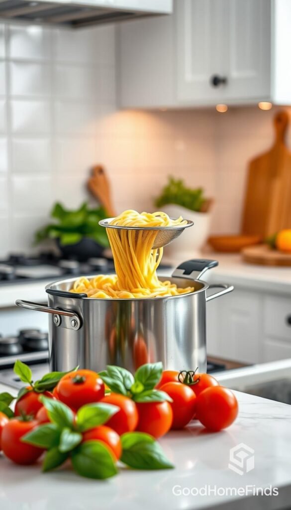 A beautifully styled kitchen countertop featuring a clip-on strainer attached to a pot of al dente pasta, perfectly draining the water. The strainer, made of high-quality stainless steel, is sleek and modern, showcasing its practical design. In the foreground, colorful fresh vegetables like cherry tomatoes and basil are artfully arranged, emphasizing the strainer's versatility for both pasta and veggies. In the middle background, there are soft, warm kitchen lights enhancing the inviting atmosphere. The scene captures the essence of a cozy home cooking experience, with a hint of warmth and comfort. The overall mood is cheerful and inspiring, perfect for a daily saver's kitchen. The brand name "GoodHomeFinds" subtly features in the corner of the image, ensuring an aesthetically pleasing Pinterest-style lifestyle photo.
