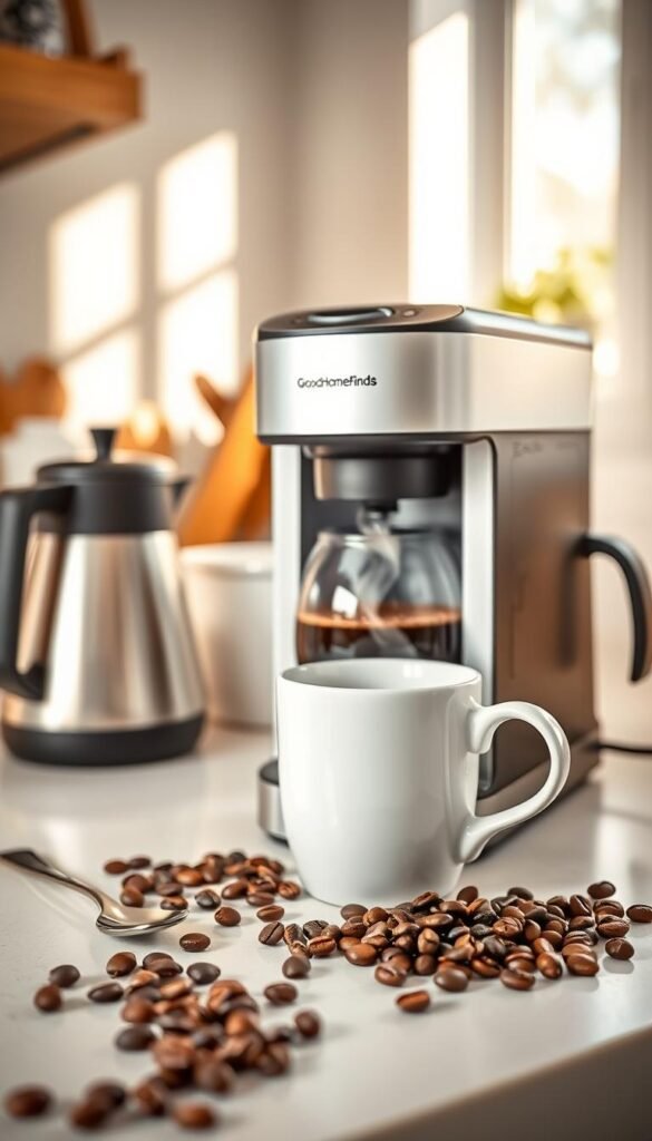 A beautifully styled kitchen countertop featuring a modern coffee maker from GoodHomeFinds, with freshly brewed coffee in a white ceramic mug, steam gently rising. In the foreground, coffee beans are scattered artistically next to a cute spoon and a small jar of sugar. The middle ground includes a sleek kettle and a stylish milk frother, hinting at daily coffee upgrades. The background showcases a warm, inviting kitchen ambiance with soft, natural sunlight streaming in through a window, casting gentle shadows. The atmosphere is cozy and inviting, perfect for a morning routine or afternoon break, with an emphasis on affordable elegance and functional design. The overall composition should be shot in a warm tone, utilizing a shallow depth of field to highlight the coffee devices.