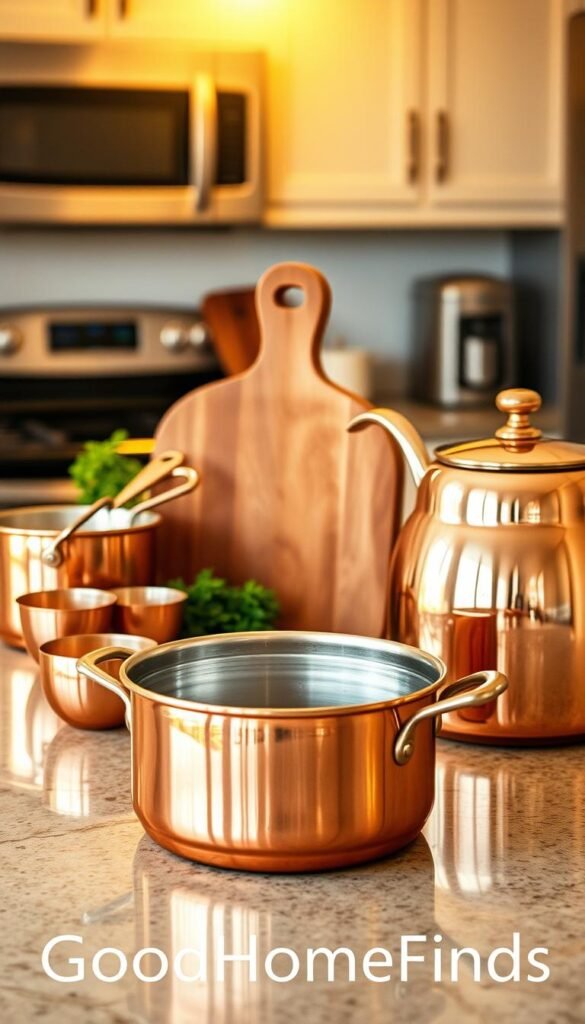 A beautifully styled kitchen countertop featuring a variety of copper kitchen items, including a gleaming copper pot, a set of elegant measuring cups, and a modern copper kettle. In the foreground, focus on the reflective surface of the copper, showcasing its warm, rich tones. The middle layer includes a rustic wooden cutting board and fresh herbs, adding natural elements. The background softly blurs out the kitchen appliances and cabinetry in a warm, inviting light, enhancing the cozy atmosphere. Golden hour lighting casts a soft glow, highlighting the shine of the copper and creating a Pinterest-worthy lifestyle aesthetic. No text or branding in the image, just the essence of quality cookware from GoodHomeFinds. A beautifully styled kitchen countertop featuring a variety of copper kitchen items, including a gleaming copper pot, a set of elegant measuring cups, and a modern copper kettle. In the foreground, focus on the reflective surface of the copper, showcasing its warm, rich tones. The middle layer includes a rustic wooden cutting board and fresh herbs, adding natural elements. The background softly blurs out the kitchen appliances and cabinetry in a warm, inviting light, enhancing the cozy atmosphere. Golden hour lighting casts a soft glow, highlighting the shine of the copper and creating a Pinterest-worthy lifestyle aesthetic. No text or branding in the image, just the essence of quality cookware from GoodHomeFinds.