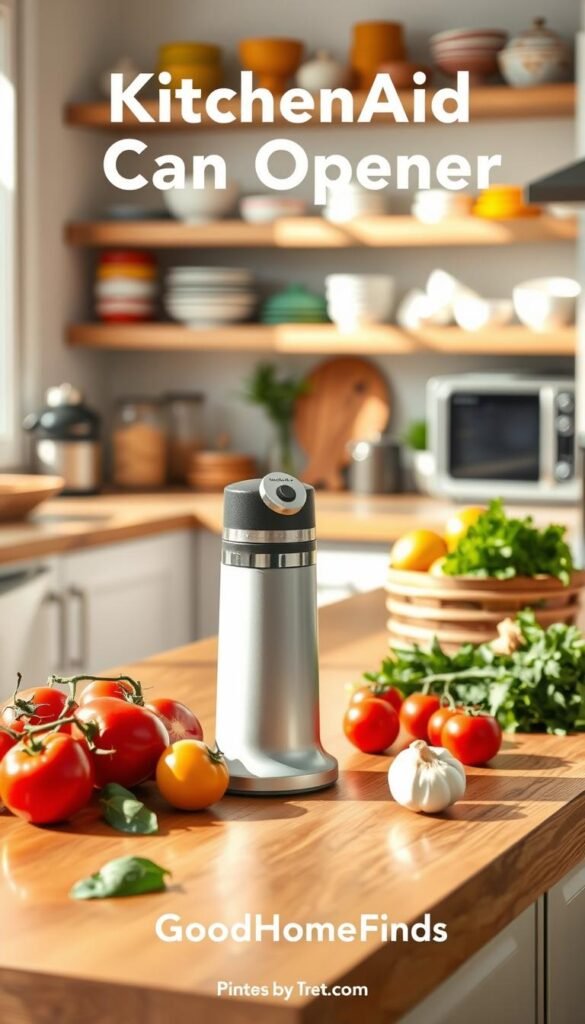 A beautifully styled kitchen scene featuring a KitchenAid Classic Multifunction Can Opener prominently displayed on a polished wooden countertop. In the foreground, the can opener is elegantly positioned next to a vibrant assortment of fresh ingredients, such as tomatoes, garlic, and herbs, conveying a lively cooking atmosphere. The middle ground includes a soft-focus view of a modern kitchen setup with sleek appliances and decorative jars, complementing the can opener's functionality. The background reveals warm, inviting kitchen elements like open shelves filled with colorful dishware. The lighting is bright yet soft, suggesting a sunny day, enhancing the natural textures of the kitchen. The image captures a cozy yet contemporary vibe, ideal for Pinterest-style lifestyle photos. Designate as "GoodHomeFinds."