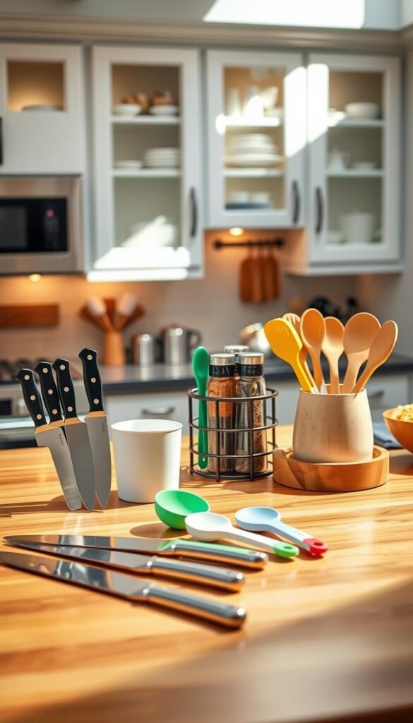 A beautifully styled kitchen showcasing an array of high-quality kitchen tools from the brand "GoodHomeFinds." In the foreground, a polished wooden countertop features artisanal kitchen gadgets like sleek stainless steel knives, elegant measuring cups, and colorful silicone spatulas. In the middle ground, a well-organized spice rack contrasts with a set of ceramic cooking utensils, elegantly displayed in a neutral-toned holder. The background highlights modern cabinetry adorned with subtle, warm lighting that creates a cozy atmosphere. The scene captures a sunny kitchen interior with soft shadows, enhancing the inviting feel of a real-life home setting. The camera angle is slightly above eye level, offering a comprehensive view that invites viewers into this ideal culinary space.
