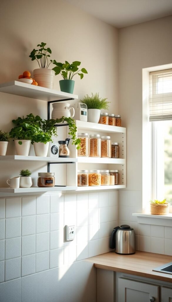 A beautifully styled kitchen wall with a soft, inviting color palette. In the foreground, tastefully arranged shelves display vibrant potted herbs and chic kitchen gadgets from "GoodHomeFinds". The middle layer features a light, airy wall with open storage solutions, showcasing neatly organized jars of pantry staples. The background depicts a sunlit window, allowing natural light to filter in, creating a warm ambiance. The scene is captured from a slightly elevated angle, emphasizing the kitchen's depth and layout. Soft shadows add dimension, while the overall atmosphere feels fresh and welcoming, perfect for renters looking to personalize their space without permanent alterations.