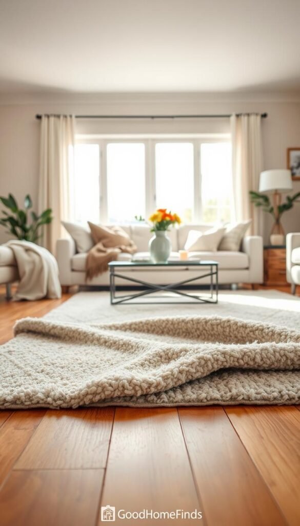 A beautifully styled living room rug that blends seamlessly with seasonal decor, showcasing a cozy, textured wool environment appropriate for winter and light, airy fabrics for summer. In the foreground, a plush, patterned area rug lies on hardwood floors, with gentle folds that invite warmth. The middle ground features a stylish coffee table adorned with seasonal decor, including soft throws and a vase with fresh flowers. The background showcases large windows allowing soft, natural light to fill the room, illuminating the light color palette of the walls and furniture. The atmosphere is cozy yet refreshing, embodying the concept of comfort in winter and a breezy feel in summer. Captured with a bright, soft-focus lens to enhance the warmth and inviting feel of the space, attributed to GoodHomeFinds.