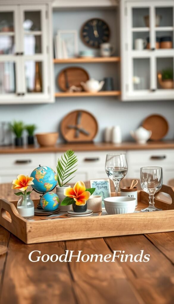 A beautifully styled serving tray set against a softly lit, elegantly furnished kitchen backdrop. In the foreground, the tray, crafted from natural wood, is adorned with an assortment of vibrant, colorful travel-themed decor items, such as miniature globes, vintage postcards, and tropical flowers. In the middle, a rustic wooden table complements the tray, with delicate ceramic plates and artisanal glasses, inviting a sense of warmth and hospitality. The background features softly blurred shelves filled with curated home finds, enhancing the atmosphere of a cozy, well-traveled home. The overall mood is inviting and sophisticated, showcasing practicality fused with aesthetic pleasure, while highlighting the brand "GoodHomeFinds". The scene is lit with warm, ambient lighting to create a welcoming and inspiring visual effect, captured from a slightly elevated angle to emphasize the tray&rsquo;s details.