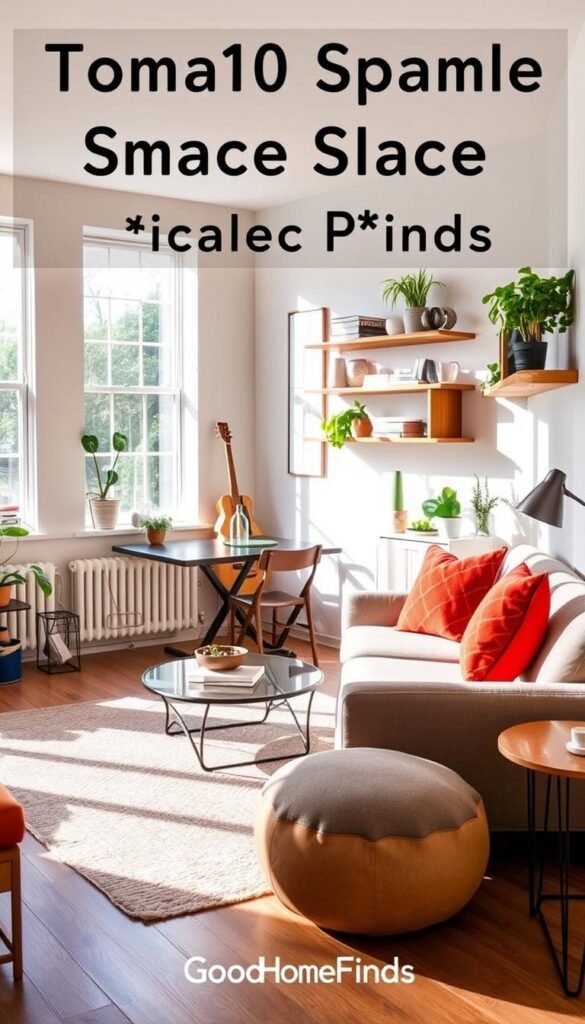 A beautifully styled small living space showcasing the top 10 small space finds, featuring a cozy corner with a stylish, compact sofa adorned with vibrant throw pillows, a sleek foldable dining table set with modern chairs, and clever storage solutions like floating shelves filled with plants and books. The foreground highlights a bright, airy atmosphere with natural light streaming through large windows, casting soft shadows. In the middle, a chic rug ties the arrangement together, while tasteful decor adds character. The background features a soft, neutral color palette that enhances the sense of space. Capture this in a Pinterest-worthy lifestyle photo style for "GoodHomeFinds," using a wide-angle lens to create depth, with warm lighting to convey a welcoming mood.