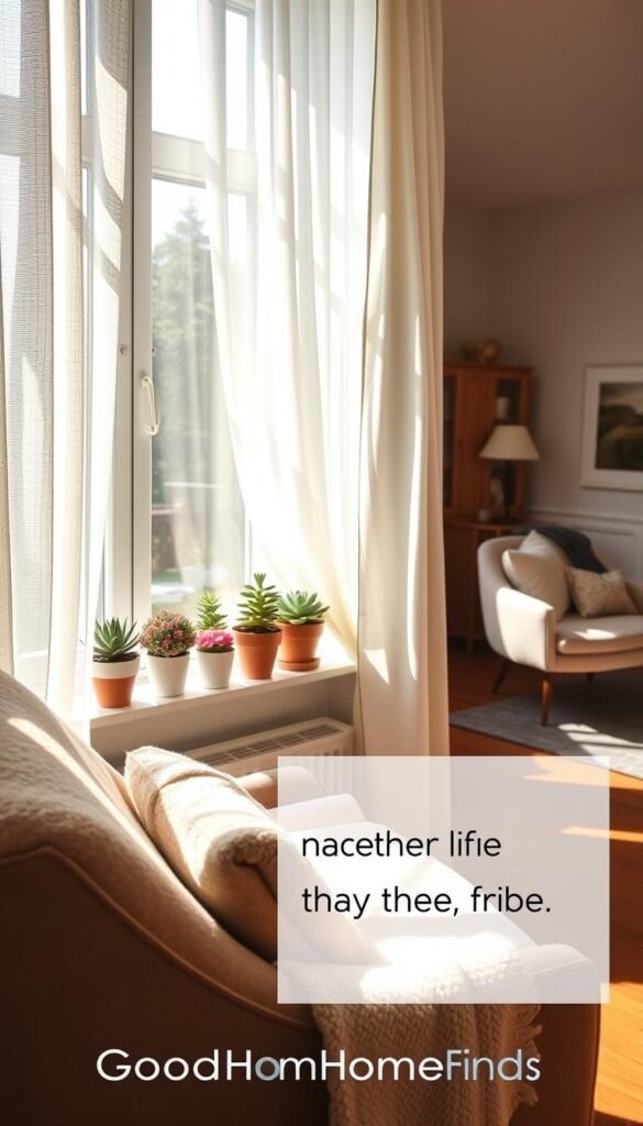A beautifully styled window in a contemporary home setting, framed by soft, sheer curtains that gently sway in a light breeze. Sunlight filters through, casting delicate patterns on the wooden floor, creating a warm and inviting atmosphere. On the windowsill, an assortment of potted plants adds a splash of greenery, with small succulents and vibrant flowers. In the foreground, a cozy reading nook with a plush chair, complemented by a soft throw blanket. In the background, a glimpse of a well-organized living room with tasteful decor that enhances the feeling of comfort. The overall mood is serene and inspiring, showcasing a space that radiates tranquility and practicality. The image embodies the essence of "GoodHomeFinds," highlighting features that make home life easier.