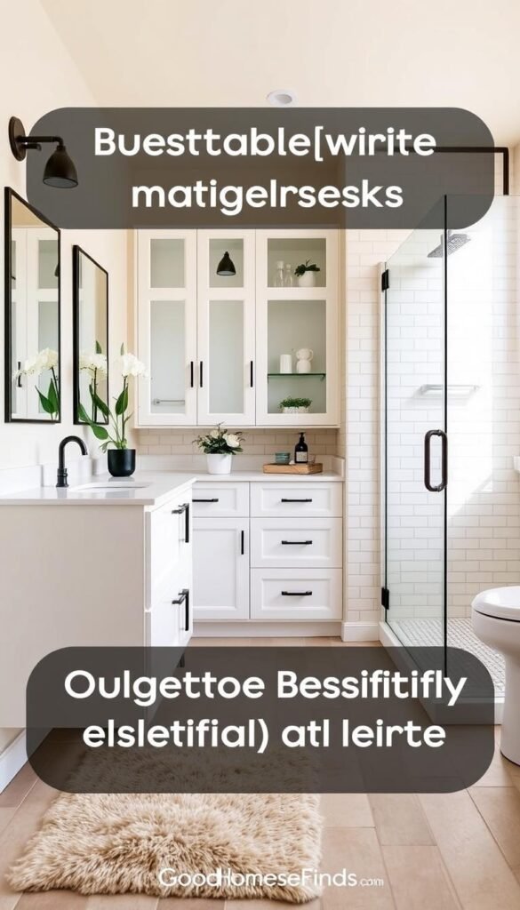 A beautifully upgraded bathroom interior featuring a modern vanity with a sleek sink, matte black fixtures, and elegant mirrors. In the foreground, a soft, plush bath mat contrasts against a tiled floor. The middle ground displays stylish white cabinetry adorned with trendy potted plants, while a tastefully designed shower area showcases glass doors and stylish tiles, emanating a fresh, clean look. The background includes a large window allowing natural light to flood the space, highlighting soft pastel-colored walls. The scene captures a warm and inviting atmosphere, making it perfect for a relaxed morning routine. The image embodies a Pinterest-style lifestyle photo with no text, showcasing budget-friendly upgrades that elevate the aesthetic of a home. GoodHomeFinds.