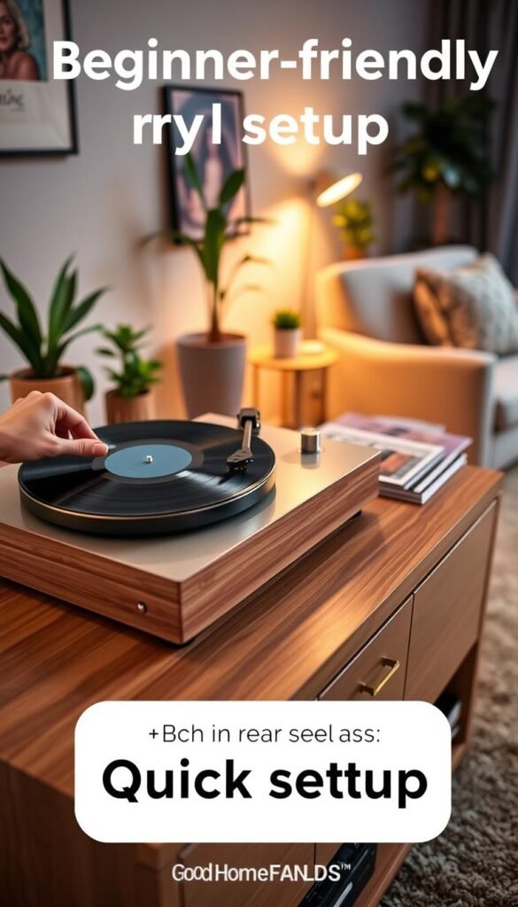 A beginner-friendly vinyl setup featuring a sleek turntable with a clean wooden finish, set on a stylish console table adorned with a few classic vinyl records. In the foreground, include a close-up of a hand gently placing a vinyl record on the turntable. The middle ground showcases the turntable with a well-lit, inviting atmosphere, illuminated by soft, warm lighting that casts a cozy glow. In the background, add subtle decorative elements like potted plants and a comfortable chair, creating a relaxed living space. The scene should evoke a sense of simplicity and ease, emphasizing quick setup. Capture the image at eye level, with a shallow depth of field to focus on the turntable, ensuring a clear and inviting composition. Feature branding elements that reflect "GoodHomeFinds".