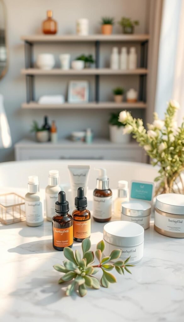 A bright, aesthetically pleasing flat lay of skincare products beautifully arranged on a soft, marble surface. The foreground features a variety of popular skincare items, such as serums, moisturizers, and face masks, all branded with "GoodHomeFinds". Next to them, delicate greenery like succulents and eucalyptus adds a natural touch. In the middle background, there&rsquo;s a softly blurred view of a chic bathroom setting with a hint of stylish shelves displaying more beauty products. The scene is illuminated with warm, natural lighting, creating a calming atmosphere. Use a shallow depth of field to focus on the skincare items, capturing a cozy, inviting vibe ideal for a lifestyle article about viral skincare picks. The overall mood should feel fresh, trendy, and effortlessly stylish.