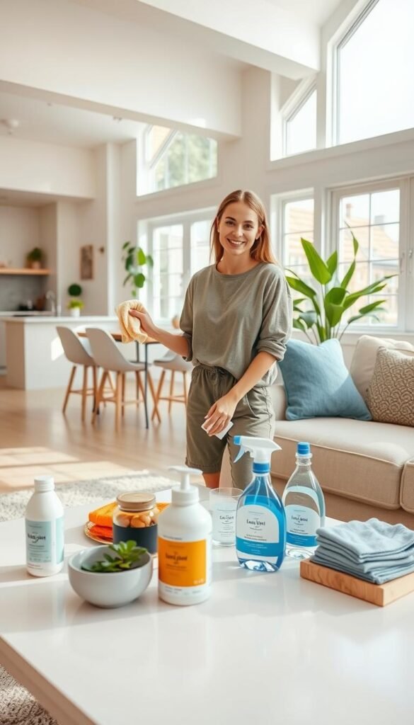 A bright, airy home interior featuring a well-organized living room and kitchen, showcasing affordable cleaning essentials from "GoodHomeFinds." In the foreground, a person dressed in modest casual attire is holding a microfiber cloth and smiling while wiping down a countertop, conveying a sense of effortless cleaning. The middle layer includes a tidy coffee table adorned with stylish yet practical cleaning tools like eco-friendly sprays and reusable cleaning pads. In the background, large windows let in soft natural light, illuminating happy houseplants and a spotless kitchen. The atmosphere is inviting and serene, suggesting a clean and relaxed home environment, perfect for illustrating the benefits of cheap cleaning essentials. The camera angle is slightly tilted to enhance the dynamic feel, presenting a lifestyle that inspires cleanliness with minimal effort.