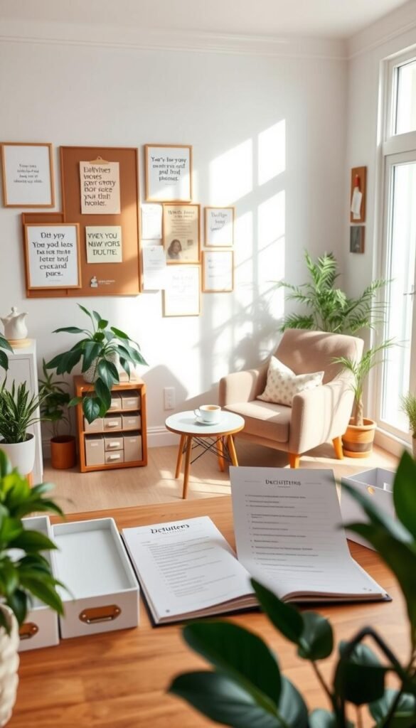 A bright, airy home office scene filled with neatly organized decluttering tips. In the foreground, a stylish wooden desk with minimalistic storage boxes and labeled file folders, surrounded by green plants for a fresh touch. The middle ground features a cozy reading nook with a soft armchair, a small side table adorned with a cup of tea, and a decluttering checklist on the table prominently displayed, all in warm, inviting colors. In the background, light streams through a large window, illuminating a wall with framed inspirational quotes and a bulletin board filled with helpful tips. The atmosphere is calm and motivating, encouraging viewers to take their first step towards a clutter-free environment. The image embodies a Pinterest-style lifestyle, showcasing organization in harmony with home aesthetics. GoodHomeFinds.