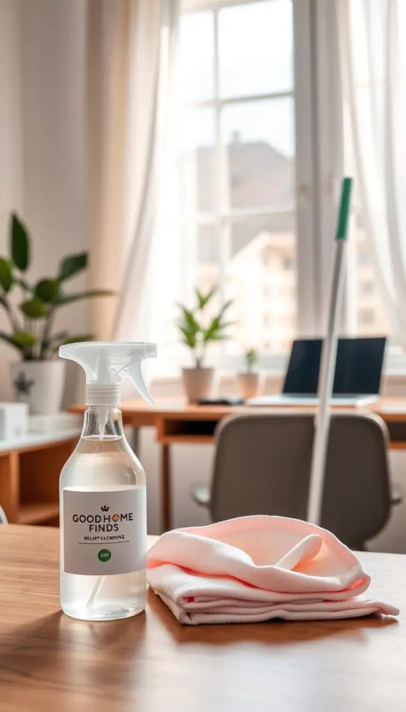 A bright, airy home office workspace featuring a variety of cleaning products arranged aesthetically on a wooden desk. In the foreground, a sleek spray bottle labeled "GoodHomeFinds," soft microfiber cloths in pastel colors, and an eco-friendly dust mop, all positioned strategically for an inviting look. In the middle ground, a stylish, minimalist desk with a laptop and a potted plant adds a touch of greenery. The background includes a large window letting in natural light, with soft curtains gently swaying. Emphasize a clean, organized atmosphere that conveys productivity and comfort. The lighting should be warm and welcoming, with a shallow depth of field to create an intimate, Pinterest-style lifestyle photo. Focus on a professional, tidy aesthetic without any human figures.