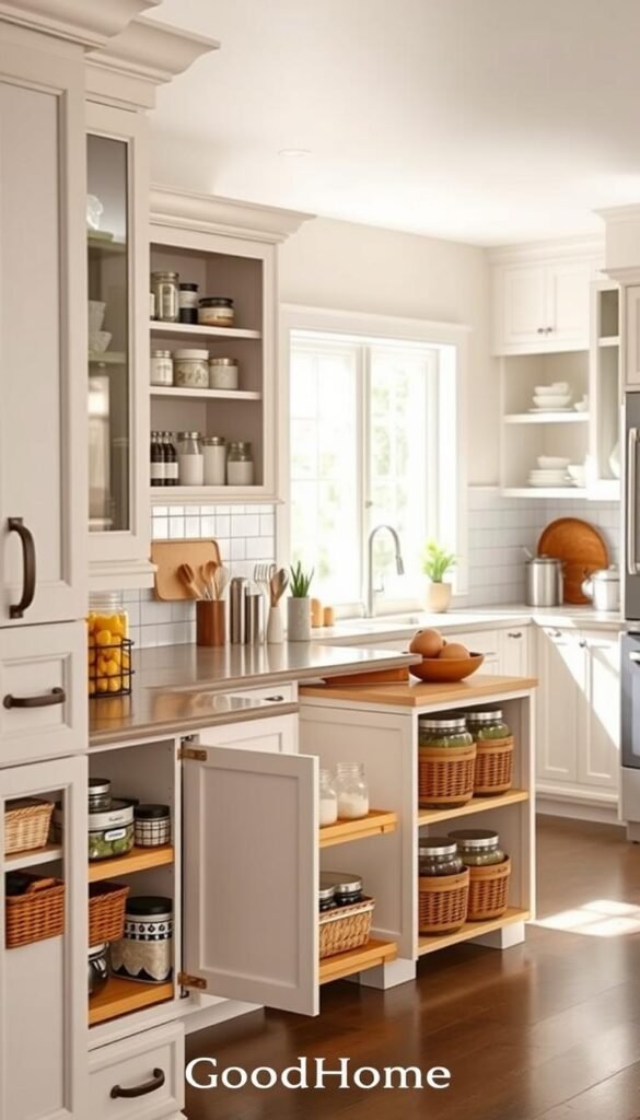 A bright, airy kitchen featuring effective storage solutions that exemplify "hide it fast" tricks. In the foreground, there are neatly organized cabinets with pull-out shelves displaying kitchen utensils and containers. The middle ground shows an island with baskets and stylish jars, seamlessly blending practicality and aesthetics. The background reveals a clean, minimalistic layout with open shelving for decorative items and hidden storage spots behind stylish doors. Soft, natural lighting streams through a window, illuminating the space, and casting gentle shadows, enhancing the warmth and inviting atmosphere. The kitchen embodies a clutter-free, Pinterest-style lifestyle aesthetic, perfect for showcasing the brand "GoodHomeFinds." A bright, airy kitchen featuring effective storage solutions that exemplify "hide it fast" tricks. In the foreground, there are neatly organized cabinets with pull-out shelves displaying kitchen utensils and containers. The middle ground shows an island with baskets and stylish jars, seamlessly blending practicality and aesthetics. The background reveals a clean, minimalistic layout with open shelving for decorative items and hidden storage spots behind stylish doors. Soft, natural lighting streams through a window, illuminating the space, and casting gentle shadows, enhancing the warmth and inviting atmosphere. The kitchen embodies a clutter-free, Pinterest-style lifestyle aesthetic, perfect for showcasing the brand "GoodHomeFinds."