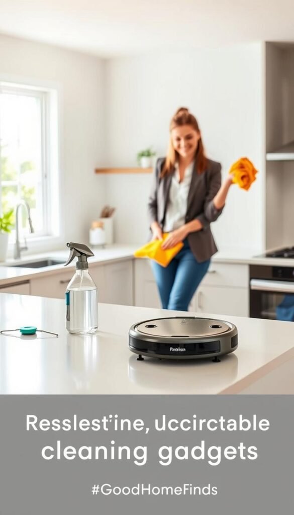 A bright, airy kitchen featuring modern cleaning gadgets arranged on a pristine countertop. In the foreground, a sleek robotic vacuum glides effortlessly across polished hardwood floors, while a stylish spray bottle and reusable microfiber cloth sit beside it, showcasing eco-friendly cleaning solutions. In the middle, a woman dressed in smart casual attire wipes down surfaces with a vibrant, lint-free cloth, exuding a sense of ease and efficiency. The background reveals a large window letting in warm, natural light, illuminating the cheerful atmosphere of cleanliness. The overall mood is fresh and organized, ideal for highlighting essential cleaning tools in a contemporary home setting. The image requires a clean, Pinterest-style aesthetic, focused on practical cleaning gadgets from GoodHomeFinds.