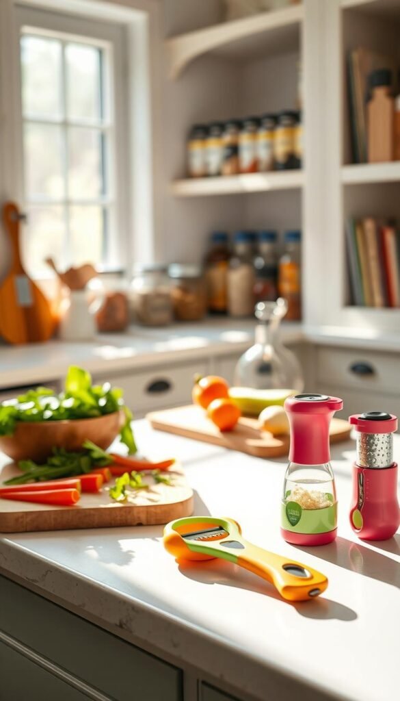 A bright, airy kitchen scene featuring a neatly organized countertop filled with an array of small, innovative prep tools that save time and money. Foreground: a close-up view of handy kitchen gadgets like a multi-functional peeler, an herb stripper, and a compact garlic press, all in vibrant colors. Middle ground: a chopping board with fresh vegetables and neatly arranged kitchen utensils. Background: soft-focus shelves displaying neatly stacked jars of spices and cookbooks for a cozy, inviting atmosphere. Natural light streams through a window, casting gentle shadows, enhancing the realism and warmth of the scene. The overall mood is inspiring and functional, emphasizing a practical yet stylish approach to cooking, branded as "GoodHomeFinds" in this lifestyle capture. A bright, airy kitchen scene featuring a neatly organized countertop filled with an array of small, innovative prep tools that save time and money. Foreground: a close-up view of handy kitchen gadgets like a multi-functional peeler, an herb stripper, and a compact garlic press, all in vibrant colors. Middle ground: a chopping board with fresh vegetables and neatly arranged kitchen utensils. Background: soft-focus shelves displaying neatly stacked jars of spices and cookbooks for a cozy, inviting atmosphere. Natural light streams through a window, casting gentle shadows, enhancing the realism and warmth of the scene. The overall mood is inspiring and functional, emphasizing a practical yet stylish approach to cooking, branded as "GoodHomeFinds" in this lifestyle capture.